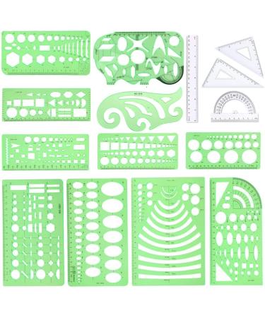 CFTfabMS 15Pcs Geometric Stencils Drawing Templates Drawing Stencils Drafting Tools with Geometry Set Circle Curve Shape Stencils Drafting Tools with Case for Drawing Design School