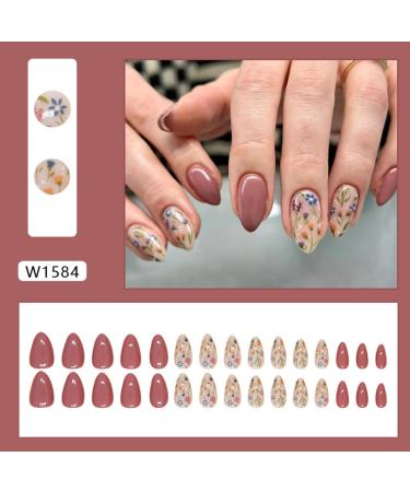 Almond Press on Nails - Short Floral Acrylic Nails Kit | Glossy Fall Design | 24Pcs Reusable Stick On Nails for Women & Girls - Buy Online on SooperMarket.com