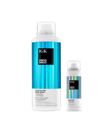 IGK Disco Disco Clear Gloss Shine Spray | Full + Travel Size | Lightweight High-Shine Finishing Hair Spray | 5.3 + 2.1 oz (Pack of 2)
