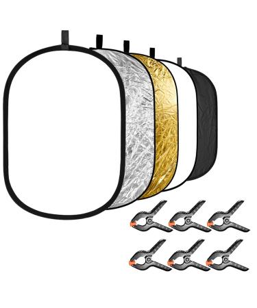 Neewer 5-in-1 Photography Light Reflector with 6-Pack Backdrop Clamps Kit: Portable Oval 24x35 inches/60x90 centimeters Collapsible Reflector Disk(Translucent Silver Gold White Black) for Photo Studio