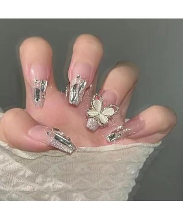 Long Press on Nails Long False Nail French Tip Fake Nails with 3D Butterfly Rhinestones Designs Glossy Full Cover Acrylic Nails for Women False Nails & Accessories - Buy Online on SooperMarket.com