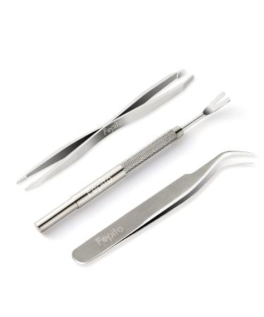 FEPITO 3 Pcs Stainless Steel Tick Remover Tool Set Pet Dogs Cats Ticks Remover Kit Including 1 Pcs Tick Removal Tweezers 1 Pcs Sharp Rake and 1 Pcs Two Clips 3pcs