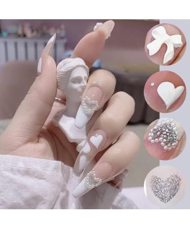 White French Tip Press On Nails with Pearl Heart Design - 24Pcs Acrylic Nude Nail Press On for Women and Girls - Buy Online on SooperMarket.com