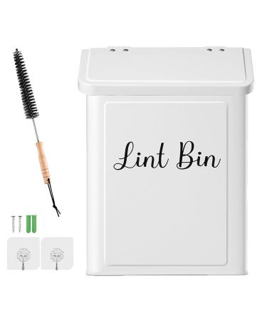 Modern Metal Magnetic Lint Bin For Laundry Room D cor and accessories with Lid Wall-Mounted Lint Trash Can for Washer & dryer Space-Saving Organizer with Brush (White)