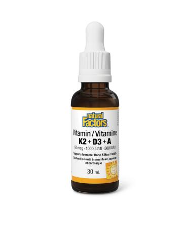 Natural Factors Vitamin K2 + D3 + A liquid drops 30ml Easy-to-Take Liquid 120 Doses per Bottle 50mcg/1000iu/500iu Supports Immune Health Bone & Teeth Health Vegetarian