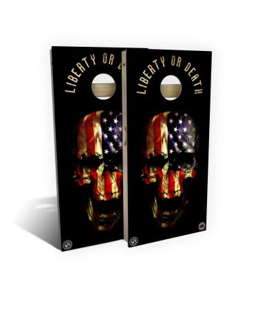 Slick WoodyS Cornhole Set with 8 Cornhole Bags, Baltic Birch Plywood Tops for The Smoothest Flattest Playing Surface, Retractable Legs and Back Bounce Brace Liberty Or Death