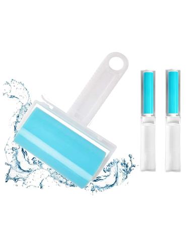 Sticky Lint Roller 3 Pack, Reusable&Washable Lint Roller Pet Hair Remover Include Large and Small Size Cleaner for Clothes, Pet Hairs, Carseats Blue 1M-2S