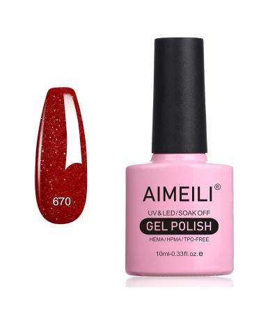 AIMEILI Christmas Red Glitter Gel Nail Polish UV/LED Soak-Off Sparkly Shiny Gel Polish French Nail Gel Nail Lamp Nail Art Manicure Salon DIY at Home Long Lasting & Easy to Apply 10ML (670)