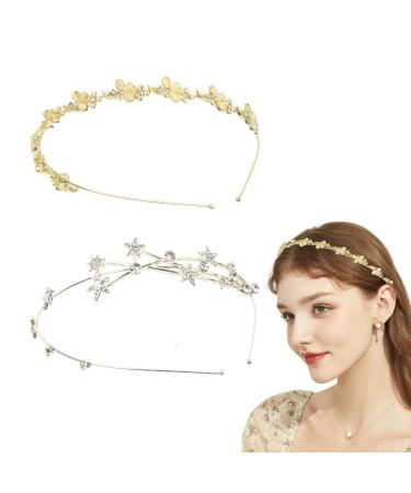 2 Jewelled Vine Hairpieces Gold Metal Headband Charm Hair Hoop Headdress Vintage Decorative Headwear Elastic Fashion Hair Accessories Women Girl Daughter(rhinestone stars+opal three-petal flowers)
