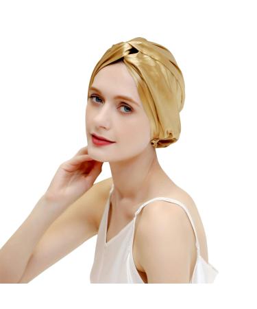 ZIMASILK 22 Momme Organic Pure Mulberry Silk Bonnet for Women Hair Care Natural Silk Hair Wrap for Sleeping Silk Sleep Cap with Elastic Stay On Head Classic Pleated(1Pc Golden) One Size Golden