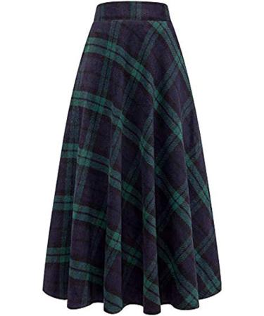 Sanahy Womens High Elastic Waist Plaid Wool Maxi Skirt - Winter Warm A-line Flare Midi Skirt with Pockets in Blue - Buy Online on SooperMarket.com