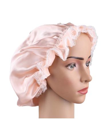 LEORX Satin Sleep Cap Lace Decor Soft Silk Night Cap Adjustable Sleeping Bonnet for Women (Pink)