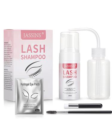 JASSINS Lash Shampoo for Lash Extensions, Eyelash Extension Cleanser Kit,100ml Shampoo/Cleaning Brush/Rinse Bottle/Mascara Brush/Eye Pads,No stimulation,For Professional & Self Use