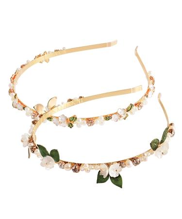 X Hot Popcorn 2PCS Pearl Flower Headband Flower Crystal Headpiece Rhinestone Pearl Headband Bridal Hair Accessories