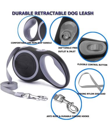 Etechydra Dog Retractable Leash 5m/16ft Gray - Heavy Duty Nylon Tape Leash with Anti-Bite Steel Chain for Medium Large Dogs - Buy Online on SooperMarket.com