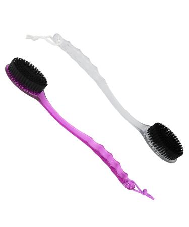 Iconikal Long-Handled Back Bath Brush Scrubber with Charcoal Infused Bristles, Clear and Purple, 2-Pack