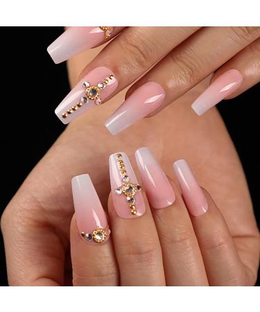 Sethexy long sparkle ballerina false nail crystal nude pink coffin wrong fingernails bling 24st acrylic art nail tips for women and girls