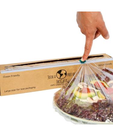 100% Compostable Plastic Wrap Dispenser With Cutter - Ikigaia - PLA/PBAT Cling Wrap With Slide Cutter - 11.8" x 656 feet - XXL For Less Delivery - Extra Thick Saran Wrap Dispenser - BPA-Free Food Wrap