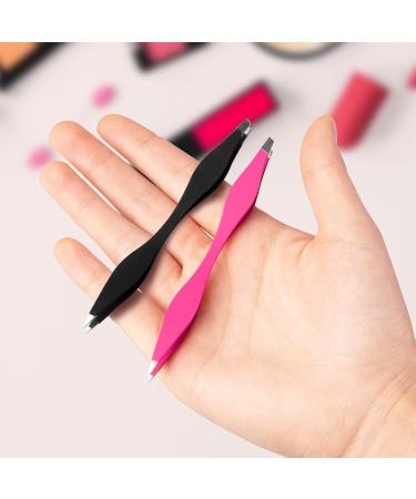 NUOMI 2 Pack Stainless Steel Eyebrow Tweezers with Slant/Pointed Tips - Pink and Black - Makeup Tools for Facial Hair Removal - Buy Online on SooperMarket.com