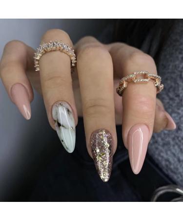JUSTOTRY 24 Pcs Marble Stiletto False Nails Short Pattern Nude French Press on Nails Glitter Fake Nails Short with Nail Glue Trendy Almond Stick on Nails for Women Nails Fake Nail for Nails Art nude&Marble 1