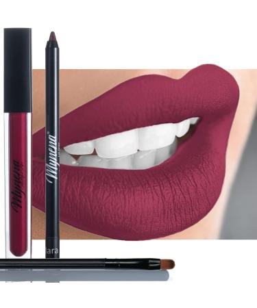 Maroon Red Lipstick Matte with Matching Lip Liner and Brush Kit Long Lasting Kissproof Waterproof Lightweight No Smudge Talc-Free and Paraben-Free - Mara