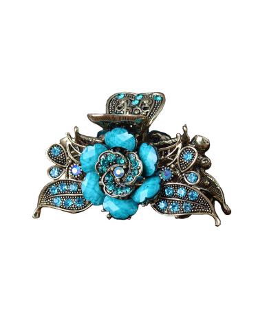 Women Retro Rose Flower Hair Claw Imitation Turquoise Fancy Jaw Clips Pins Fashion Alloy Rhinestone Hair Catch Barrette Hair Updo Grip Hair Accessories (Blue)