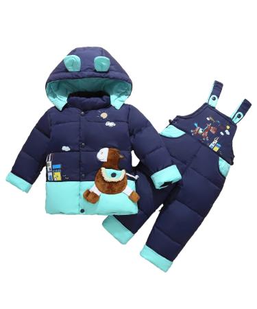 2 Piece Snowsuit Toddler Ski Suit Hooded Down Jacket with Ski Pants Winter Snowsuit Unisex Snow Outfit Set 18-24 Months Blue Blue 18-24 Months