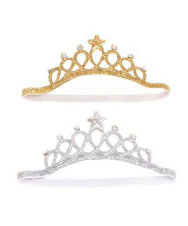 Frcolor 2Pcs Baby Girl Crown Headband Head Wrap Hair Band Headwear Birthday Gift Princess Tiara Hair Accessories (Silver and Gold)