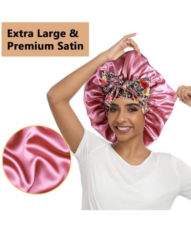 2pcs Large Silk Bonnets with Tie Band for Sleeping Curly Hair - A-black & Rose Gold - Buy Online on SooperMarket.com