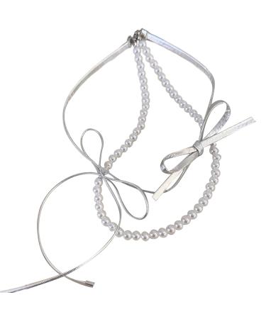OralGos Elegant Adjustable Necklace Double Layer Choker Leather Bow Stylish Chain Jewelry for Women Girls Silver