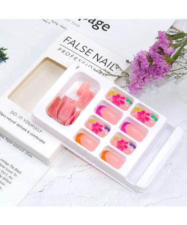 Spring Flower Press on Nails - Medium Square Glossy Fake Nails with Colorful Daisy Pattern - 24Pcs Full Cover Stick on Nails for Nail Art Decorations - Buy Online on SooperMarket.com