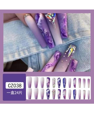 24Pcs Purple Rhinestone Long Coffin Press on Nails - Full Cover Acrylic Matte Artificial Luxury Nails for Women and Girls - Buy Online on SooperMarket.com