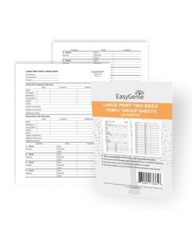 EasyGenie Large Print Two-Sided Family Group Sheets for Ancestry (30 Sheets) Archival-Quality Genealogy Forms
