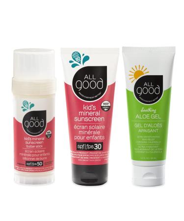 All Good Kids & Baby Mineral Sunscreen & Aloe Gel Bundle - UVA/UVB Broad Spectrum  Water Resistant  Zinc Oxide - Includes (1) SPF 50 Butter Stick  (1) SPF 30 Lotion  & (1) Aloe Gel