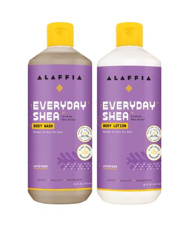 Alaffia EveryDay Shea Body Wash Bundled with Shea Body Lotion for Normal to Very Dry Skin  Moisturizes and Cleanses  with Fair Trade Shea Butter  Coconut Oil  Lavender  2-16 fl oz Bottles