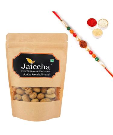 Jaiccha Ghasitaram Rakhi Gifts for Brothers Rakhi Dryfruits - Pudina Protein Almonds 200 GMS in Brown Paper Pouch with Rudraksh Rakhi