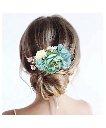 Wedding Flower Slide Comb Bridal Artificial Floral Hair Comb Vintage Frost Headpiece Hair Piece Accessories for Women Girls Brides Bridesmaids (Blue B)