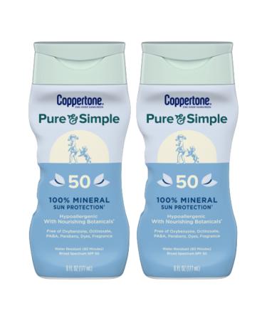 Coppertone Pure and Simple Sunscreen Lotion, Zinc Oxide Mineral Sunscreen Lotion, Spf 50 Sunscreen, Hypoallergenic, 6 Oz, Pack of 2