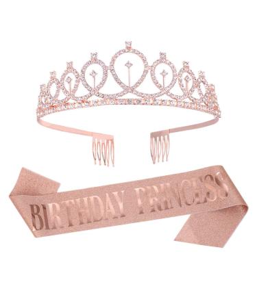 Rosavida 2-piece suit BIRTHDAY PRINCESS Sash and Rhinestone Tiara Kit Birthday Gifts Glitter Sash and Birthday Crowns for Women Girl Party Decoration (Rosegold)