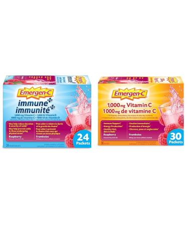 Emergen-C Immune+ 1000mg Vitamin C Powder Supplement Drink Mix Immune System Booster Rasberry 24 Packets & Raspberry (30 Count) 1000mg Vitamin C/Electrolytes/B Vitamins Mineral Supplement