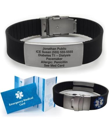 Sport Medical Alert Bracelet - Black. Pre-engraved "DIABETES TYPE 1 INSULIN PUMP". Save 30% - Close Out Pricing! - Buy Online on SooperMarket.com