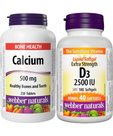 Webber Naturals Calcium Carbonate 250 Tablets Helps Support Bones and Teeth & Vitamin D3 2500 IU Extra Strength 180 Softgels For Healthy Bones Teeth and Helps Prevent Vitamin D Deficiency Calcium Carbonate + VITAMIN 3818