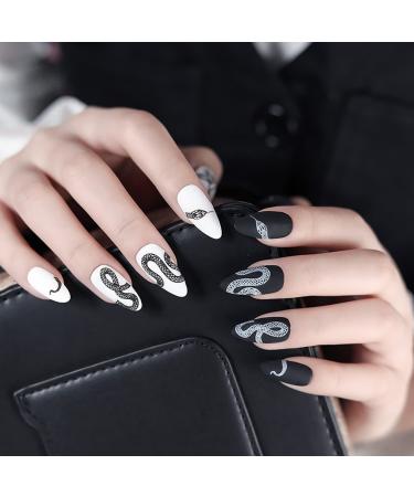 24Pcs Coffin Press on Nails Long Length  Snake Fake Nails Ballerina Nails with Glue on Nails Black White Design French Tips False Nails for Women Girls Full Cover Acrylic Nails stick on nail X156