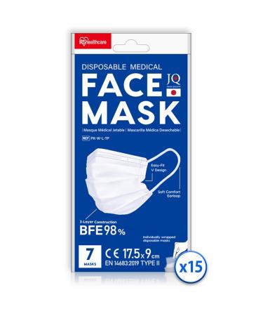 Iris ohyama 105 surgical disposable masks (15 sets of 7 pieces) size L 3 -layer BFE 98% individual packaging irritation -free rubber band - mask PK - white large/105 -series set piece