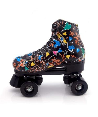 XUDREZ Roller Skates for Women, Holographic High Top PU Leather Rollerskates, Shiny Double-Row Four Wheels Skates Patines for Women Men Boys and Girls and Age 8-50 Indoor Outdoor Black with black wheel 37US5.5