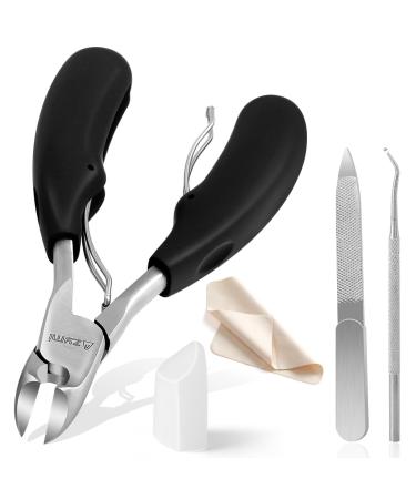 Toe Nail Clippers for Thick Nails Heavy Duty Toenail Scissors Cutters Kit with Nail File & Nail Hook Sharp Curved Blades- Wide Jaw Opening- Soft Handle Black+silver