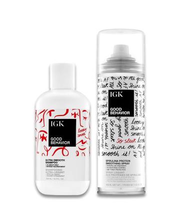 IGK GOOD BEHAVIOR | Ultra Smooth Shampoo (8 Oz) + Spirulina Protein Spray (5.6 Oz) | Frizz Control + Hydrates + Shine | Vegan + Cruelty-Free |