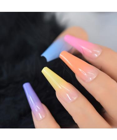 Coolnail Glossy Ombre Rainbow French Coffin False Nails Summer Colorful Super Long Fake Ballet Nail Yellow Pink Purple Nude Reusable Wear L5880