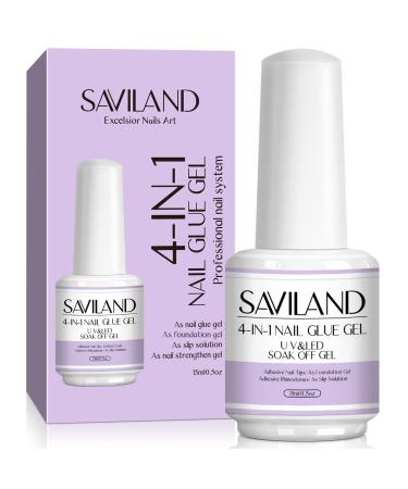 Saviland Strong Nail Glue Gel - 15ML Professional Gel Nail Glue for Acrylic Nails 4-in-1 Nail Glue for Press on Nails Nail Glue for Nail Tips  Long Lasting U V Nail Glue Gel for Nails (Curing Needed)