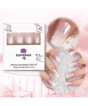 Medium Long Square Pink White Gradient Press on Nails | Full Cover Fake Nails for DIY Manicure | Christmas Nail Art Tips - Buy Online on SooperMarket.com
